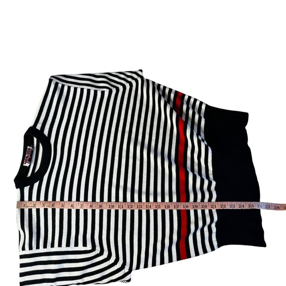Vintage Stripe Sweater Large Dolman Sleeve Oversized Black White Red Crew 80s - Picture 9 of 9